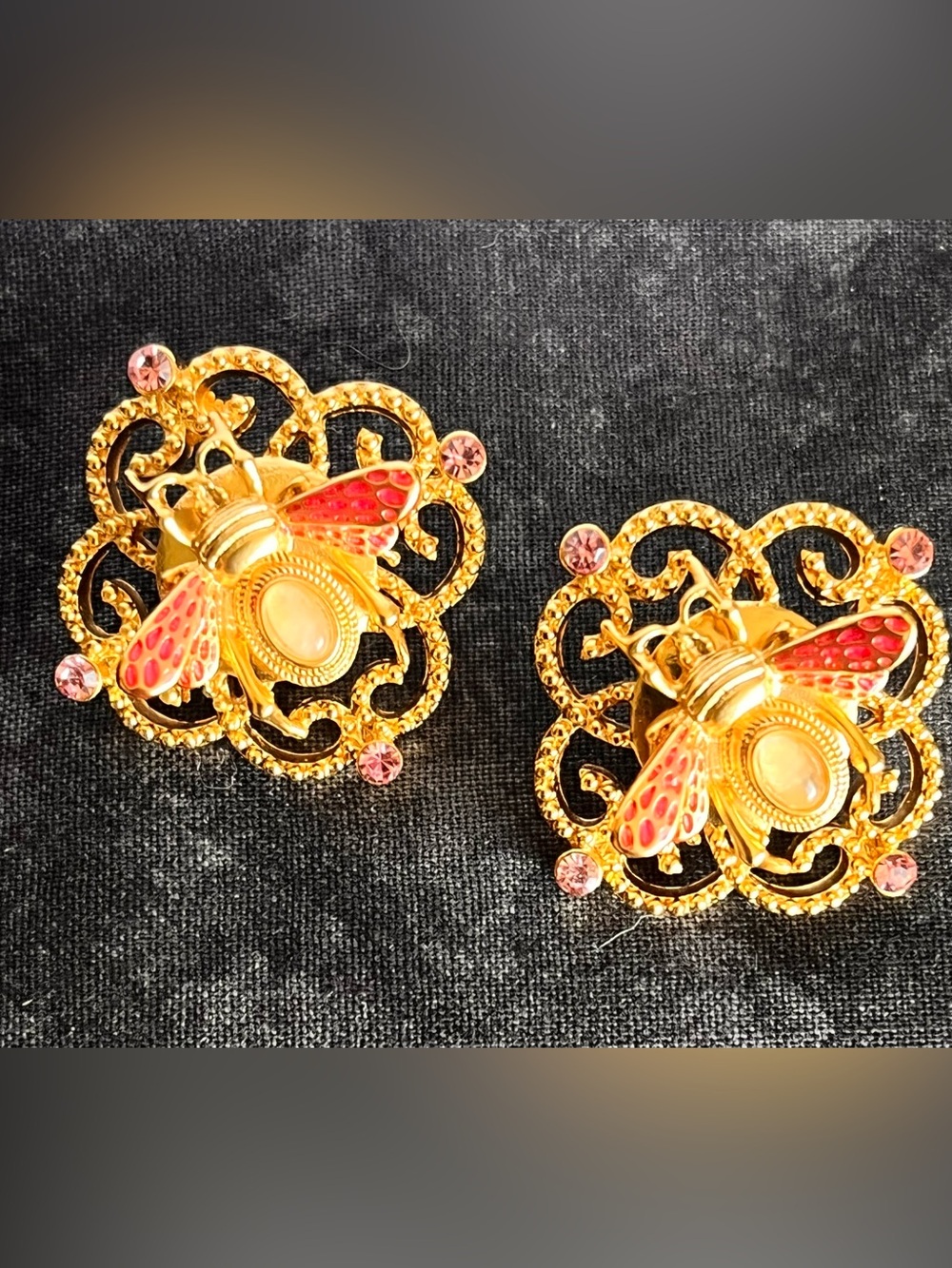 Kovonchy Bumble-Bee Filigree Earrings with Pink Accents